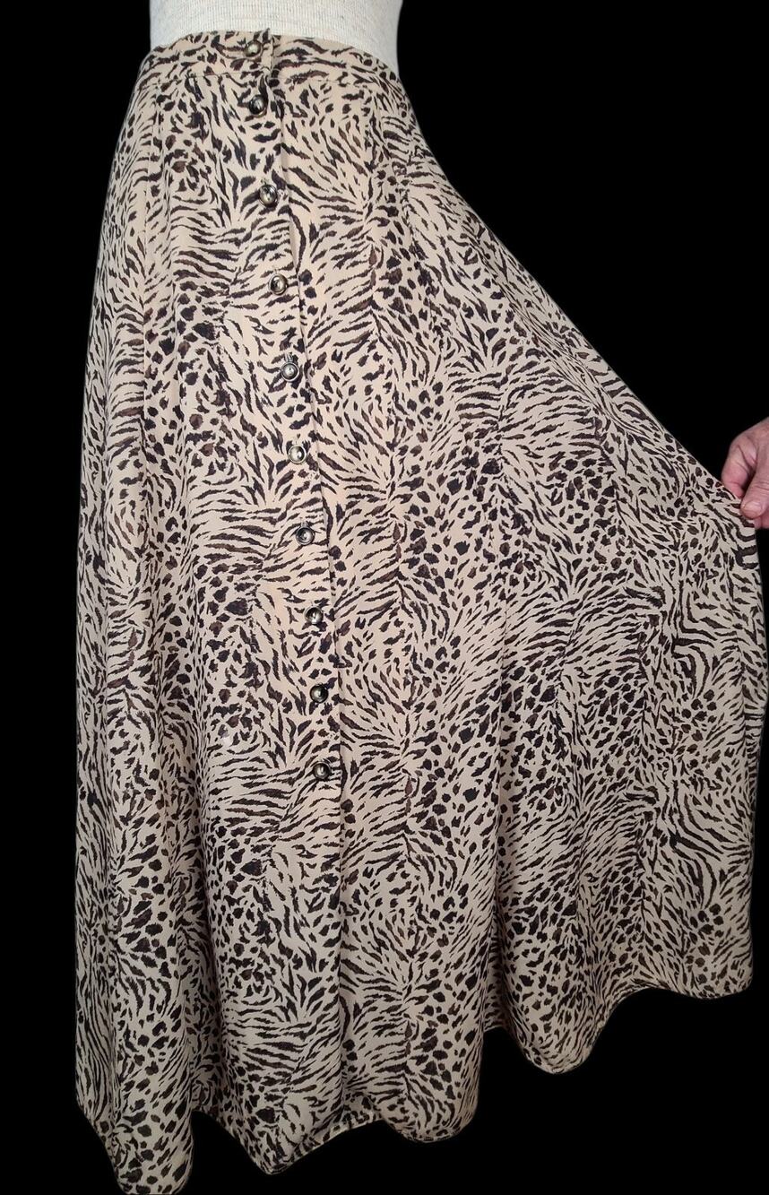 Vintage 90s Animal Print Maxi Skirt Sz 8 Boho Maximalist Button-up Chiffon Flowy